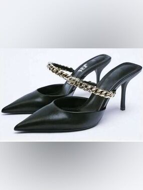 Zara Gold Chain Pointed Mule Heels- size 39